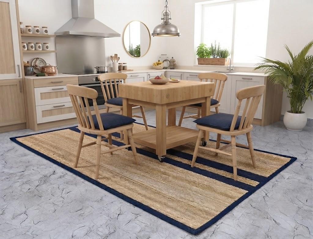 Natural Jute Area Rug Hand Woven Braided Rug Home Decor Farmhouse Carpet Rag Rug for Kitchen Living Room and Bedroom - Rectangle (Beige & Blue)