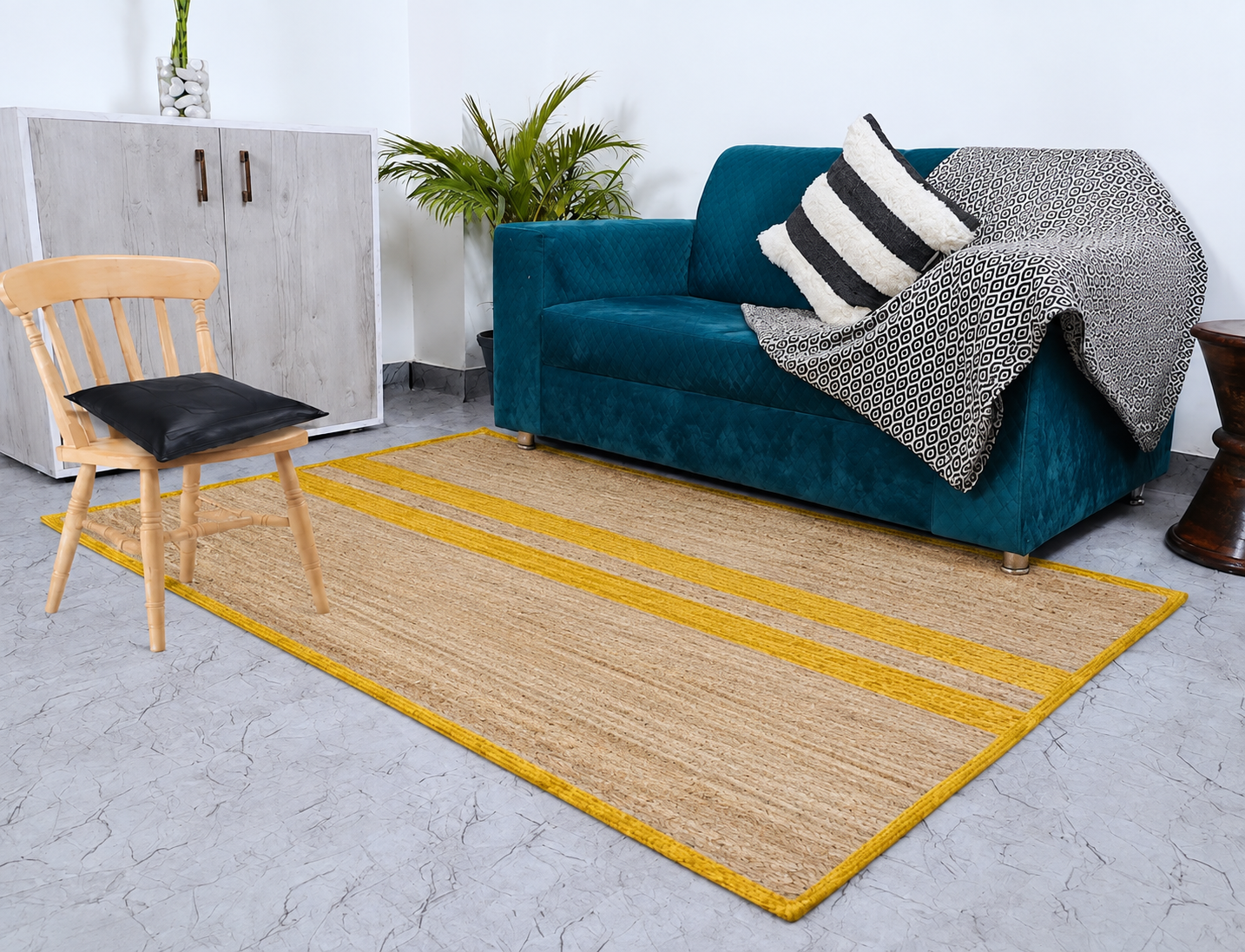 Natural Jute Area Rug Hand Woven Braided Rug Home Decor Farmhouse Carpet Rag Rug for Kitchen Living Room and Bedroom - Rectangle (Beige & Yellow)