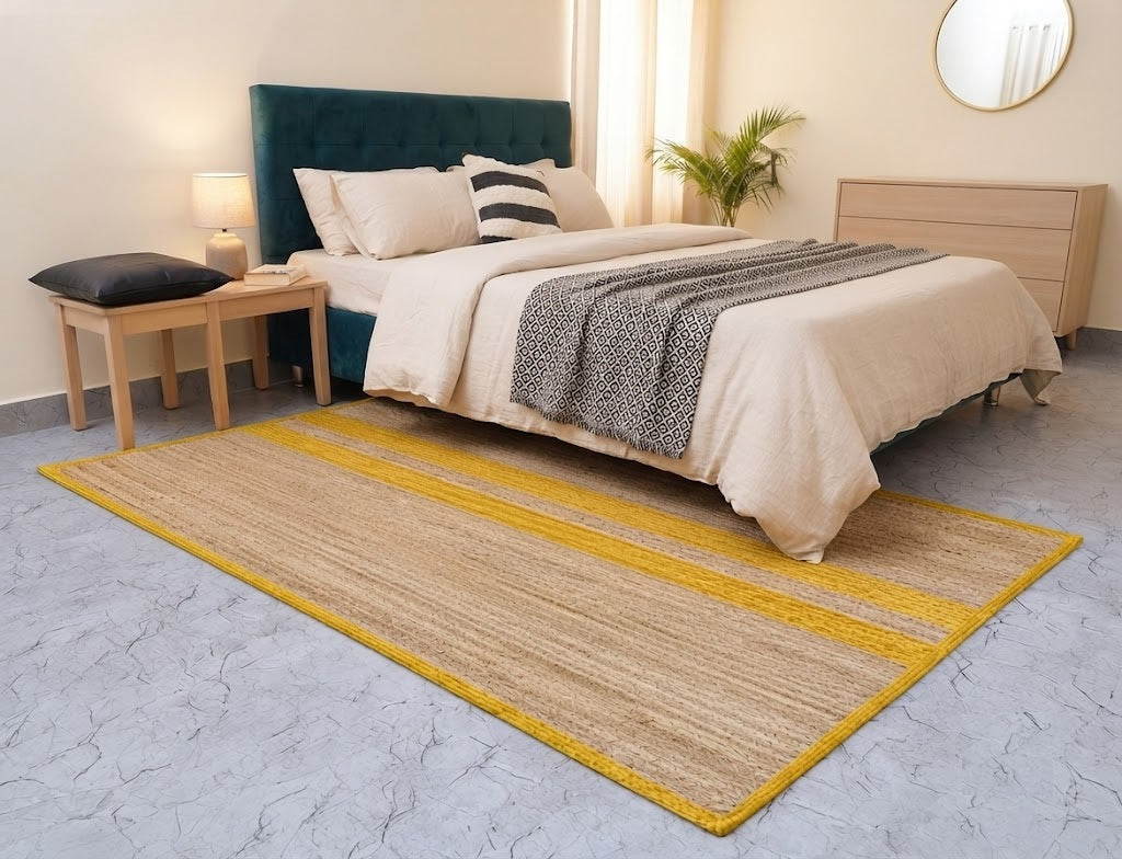 Natural Jute Area Rug Hand Woven Braided Rug Home Decor Farmhouse Carpet Rag Rug for Kitchen Living Room and Bedroom - Rectangle (Beige & Yellow)