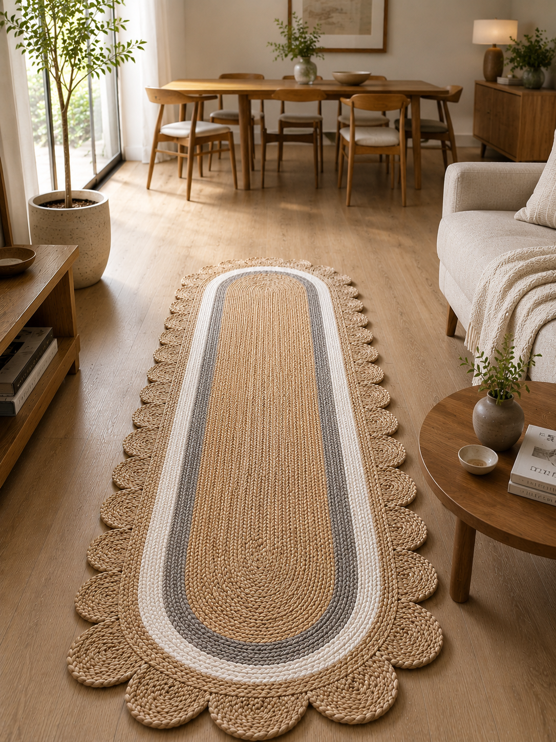 Oval Handwoven Jute Area Rug Natural Farmhouse Boho Rug for Living Room, Bedroom & Entryway Rustic Indoor Floor Scallop Carpet (White Grey Border)