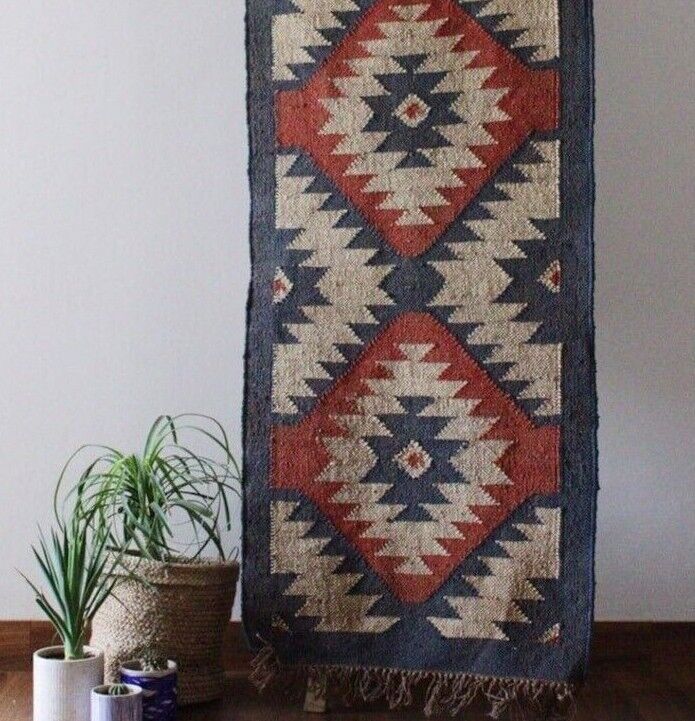 Durable Handmade Kilim Wool Boho Rustic Look Area Carpet Jute Rug Rectangle Farmhouse Mats