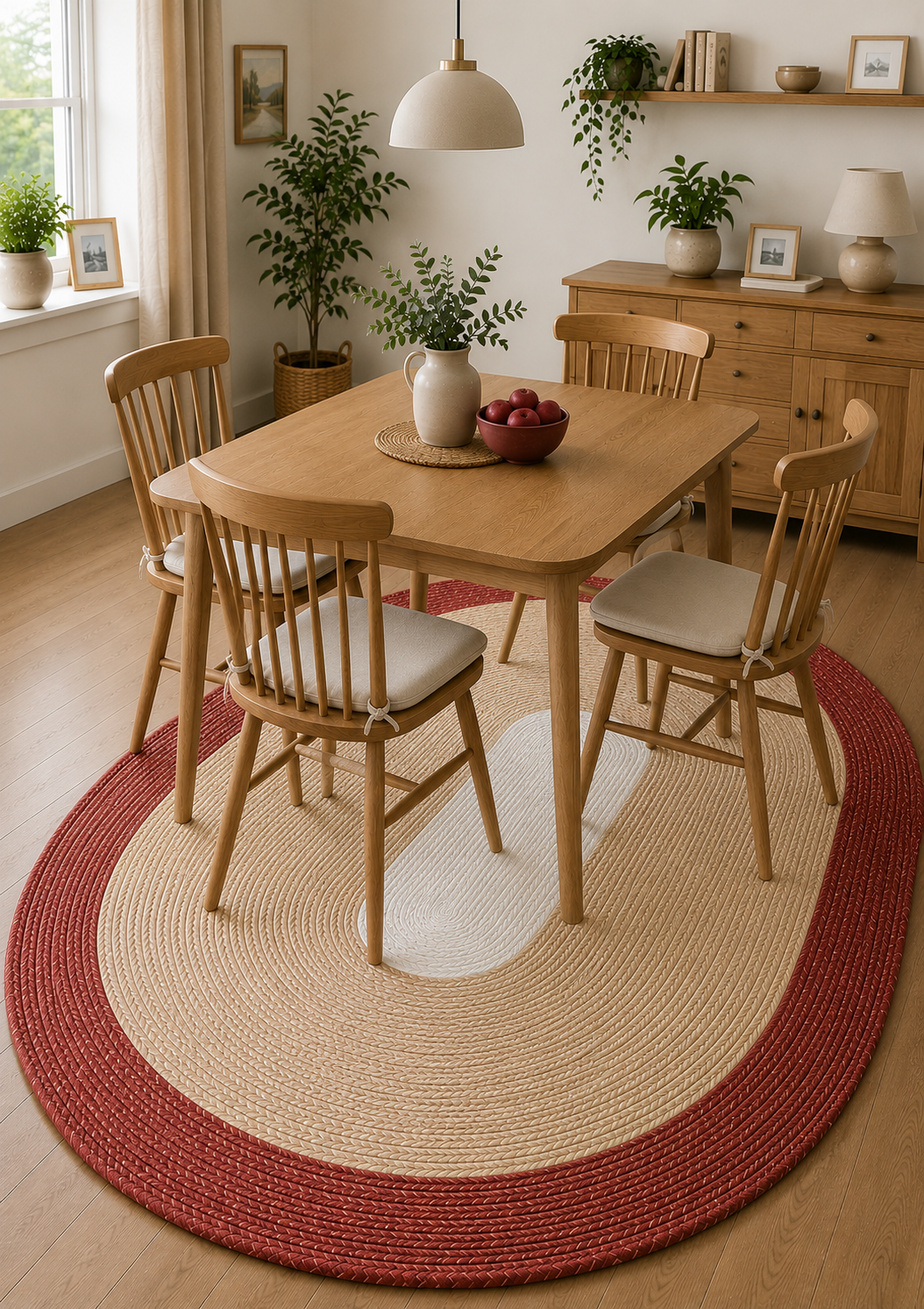 Natural Farmhouse Boho Oval Handwoven Jute Area Rug for Living Room, Bedroom & Entryway Rustic Indoor Floor Carpet (Red Border)