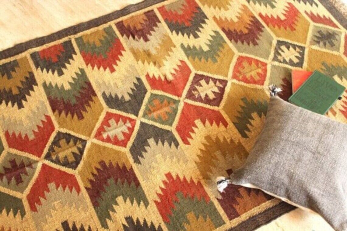 Durable Handmade Kilim Wool Boho Rustic Look Area Carpet Jute Rug Farmhouse Rectangle Mats