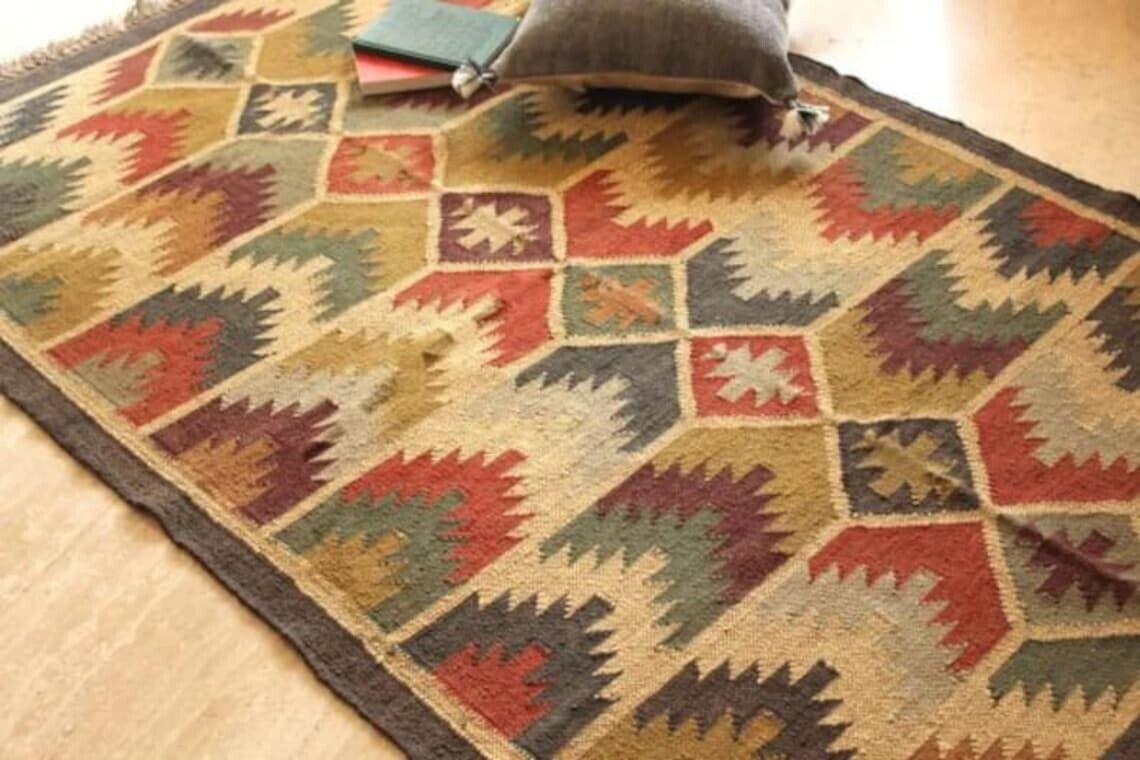 Durable Handmade Kilim Wool Boho Rustic Look Area Carpet Jute Rug Farmhouse Rectangle Mats