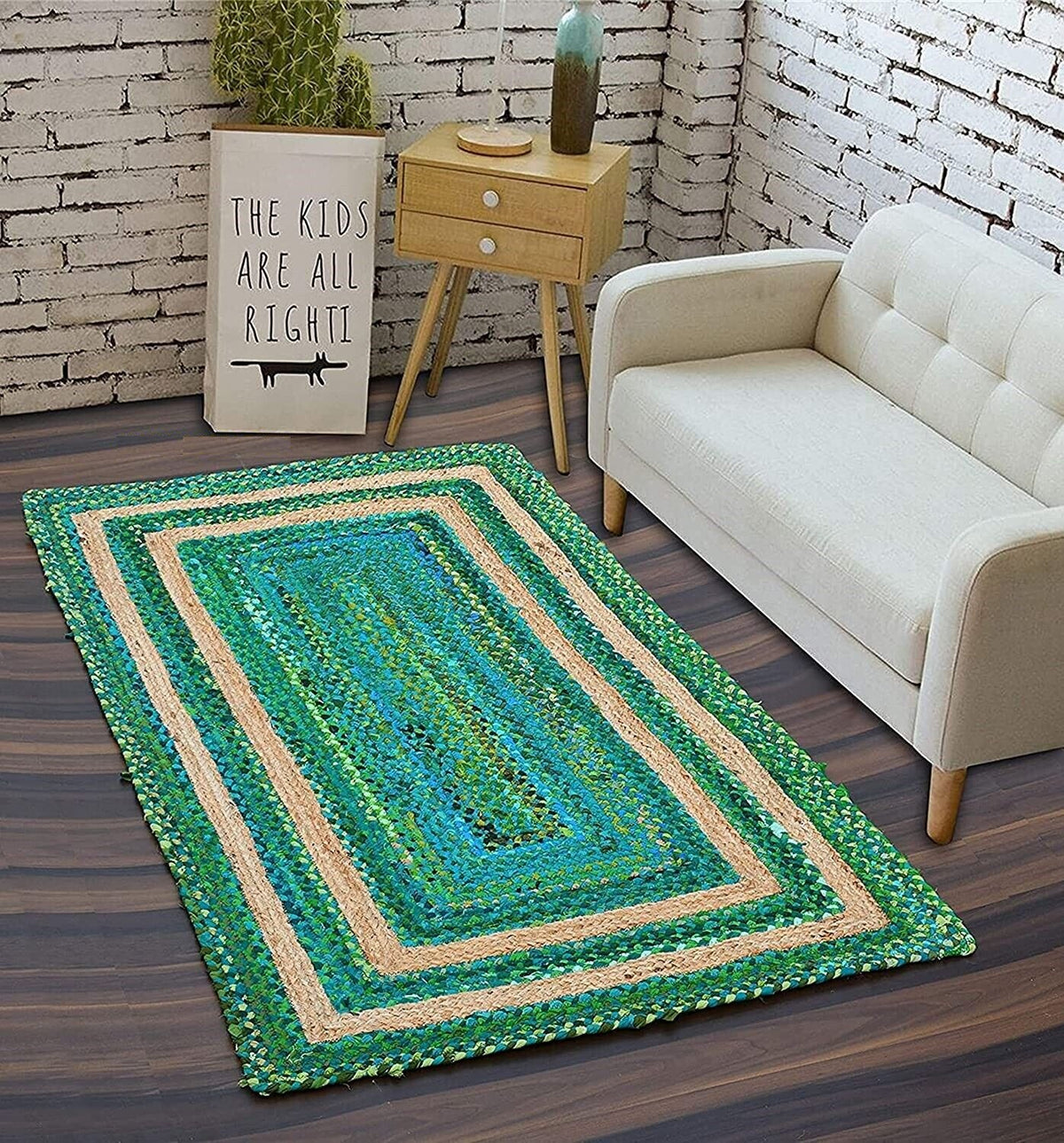 Rectangle Cotton Jute Area Rug Hand Woven Braided Rag Rug for Kitchen Living Room Guestroom Farmhouse Area Rug-Green & Beige