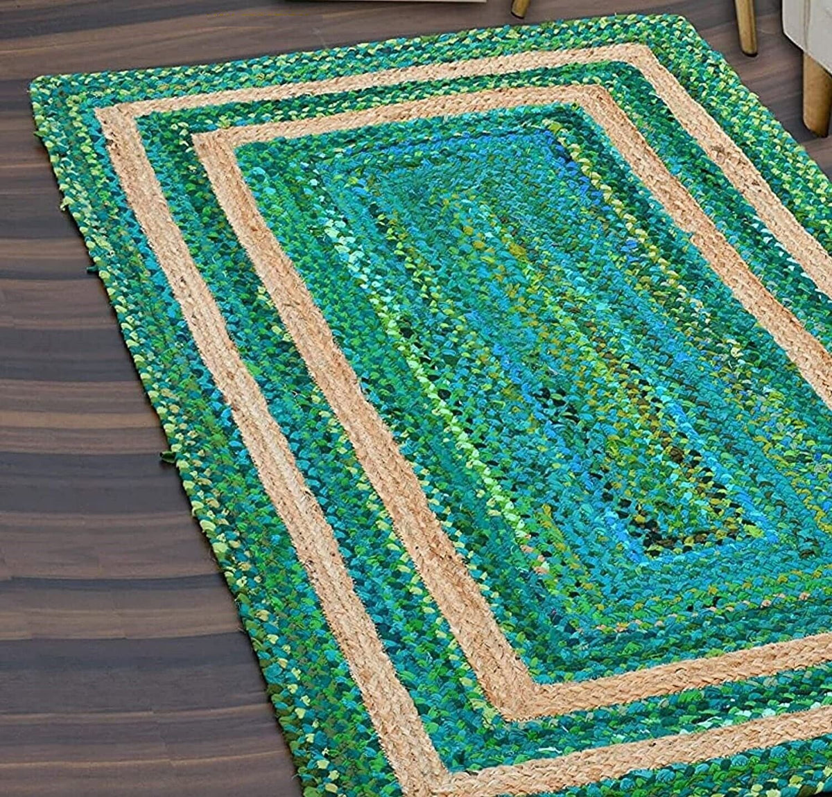Rectangle Cotton Jute Area Rug Hand Woven Braided Rag Rug for Kitchen Living Room Guestroom Farmhouse Area Rug-Green & Beige