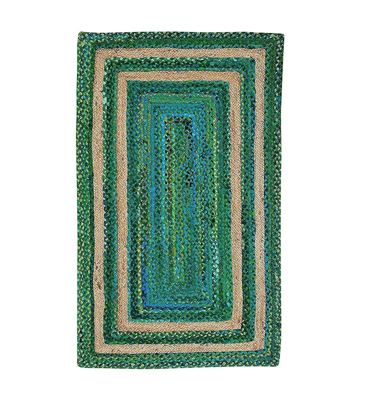 Rectangle Cotton Jute Area Rug Hand Woven Braided Rag Rug for Kitchen Living Room Guestroom Farmhouse Area Rug-Green & Beige