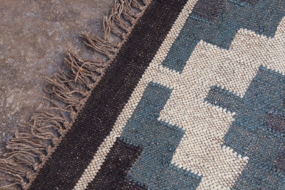 Durable Handmade Kilim Wool Boho Rustic Look Jute Rug Farmhouse Rectangle Mats Area Carpet