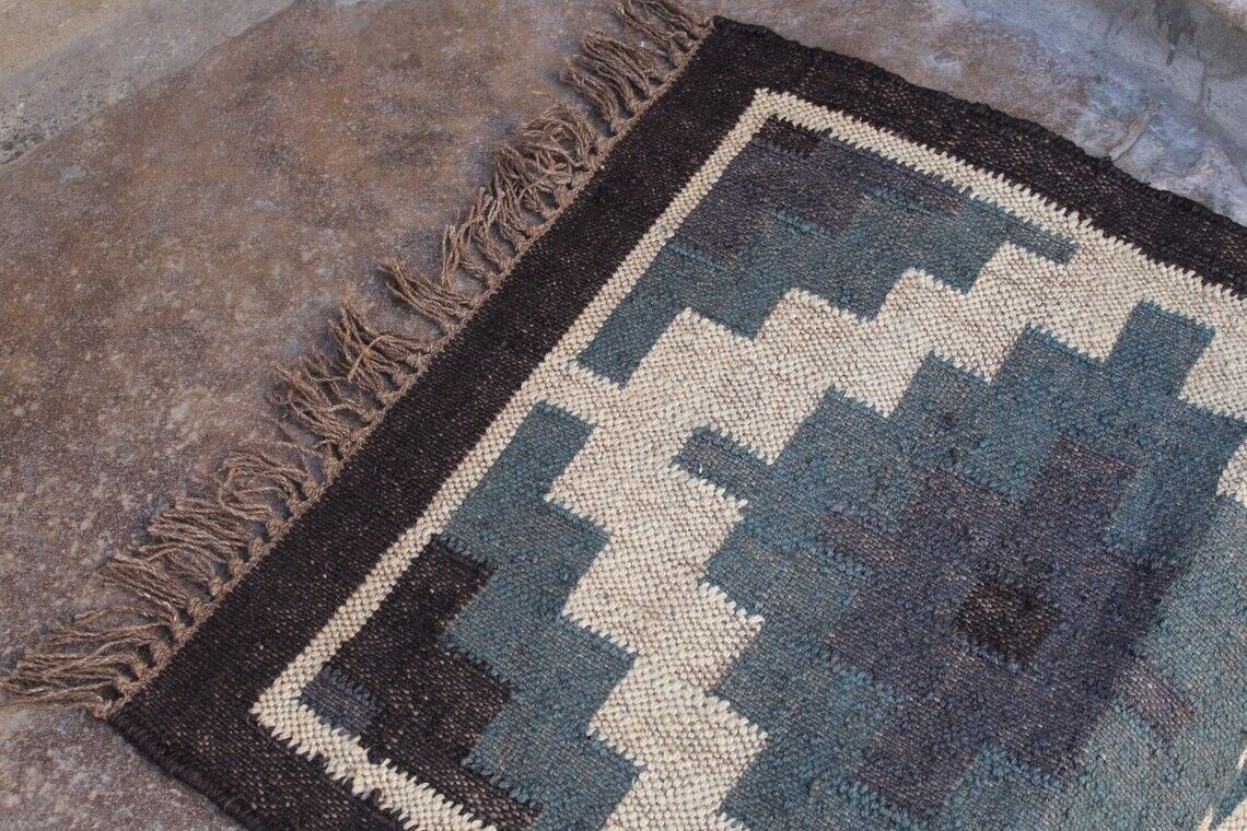 Durable Handmade Kilim Wool Boho Rustic Look Jute Rug Farmhouse Rectangle Mats Area Carpet