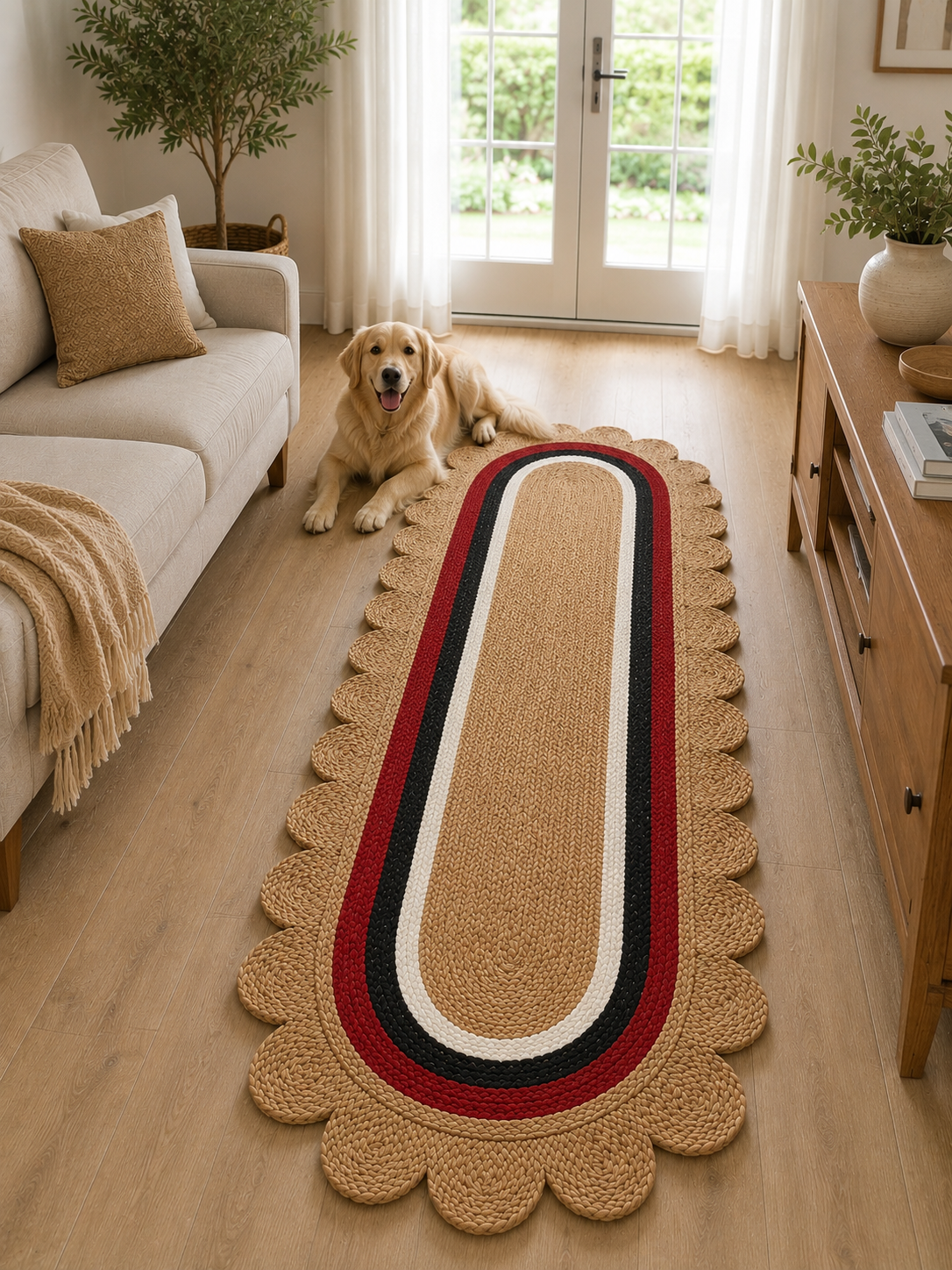 Oval Handwoven Jute Area Rug Natural Farmhouse Boho Rug for Living Room, Bedroom & Entryway Rustic Indoor Floor Scallop Carpet (Red.Black.White Border)