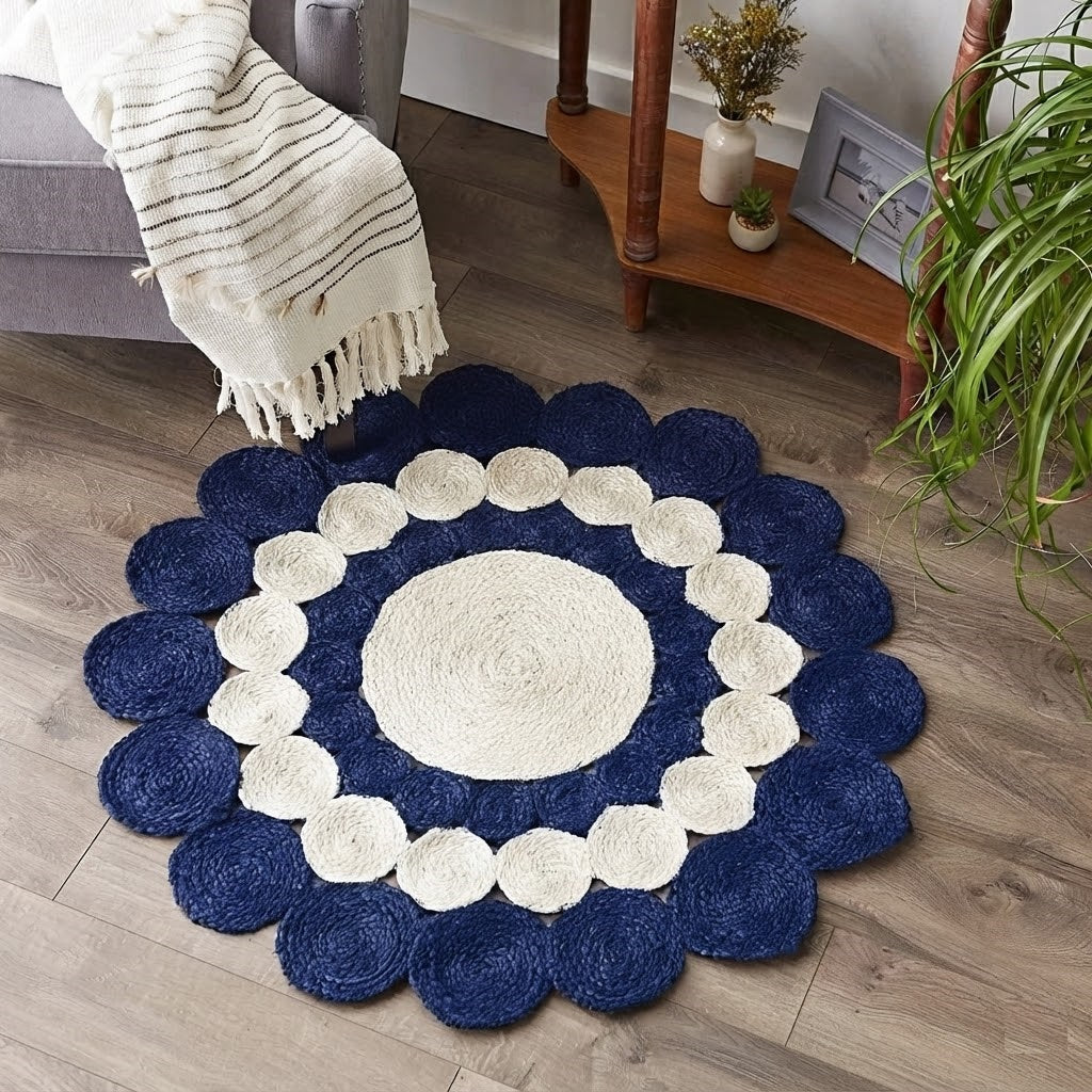 Jute Rug Round Shape Area Rug 100% Hand Braided Rustic Look Area Rug for Home Decor Farmhouse Boho Carpet Mats (Black & White)