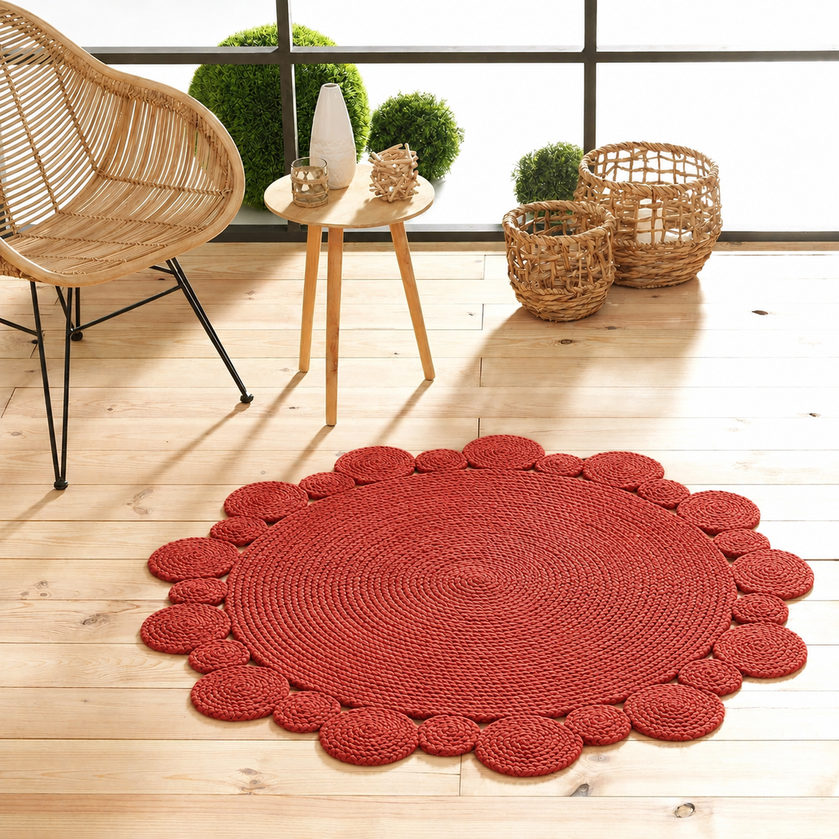 Round Shape Area Rug 100% Hand Braided Rustic Look Carpet for Home Decor Farmhouse Boho Scallop Rugs (Red)