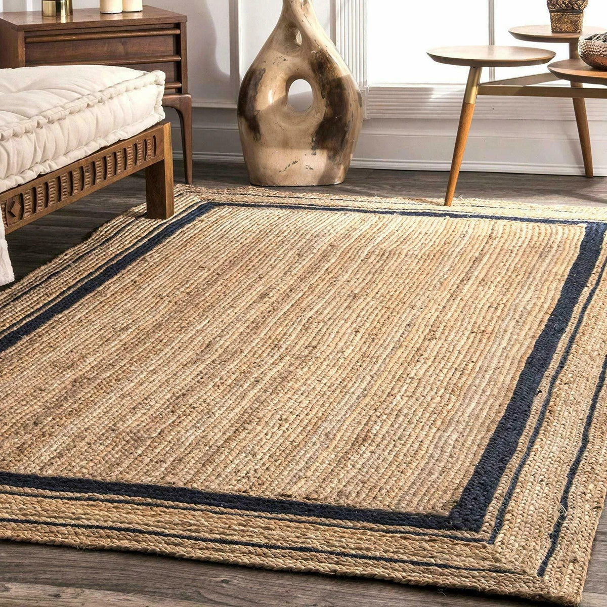 Rectangle Natural Jute Area Rug Hand Woven Braided Sisal Rug Home Decor Farmhouse Carpet Rag Rug for Kitchen Living Room and Bedroom (Black Border)
