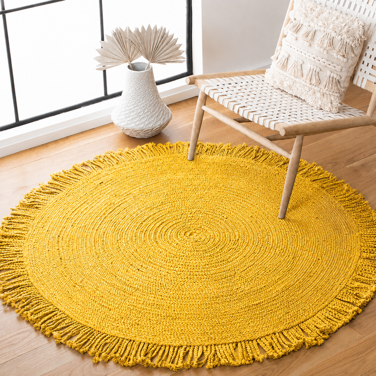 Round Shape Area Rug 100% Hand Braided Rustic Look Carpet for Home Decor Farmhouse Boho Rugs Mats With Fringes (Yellow)