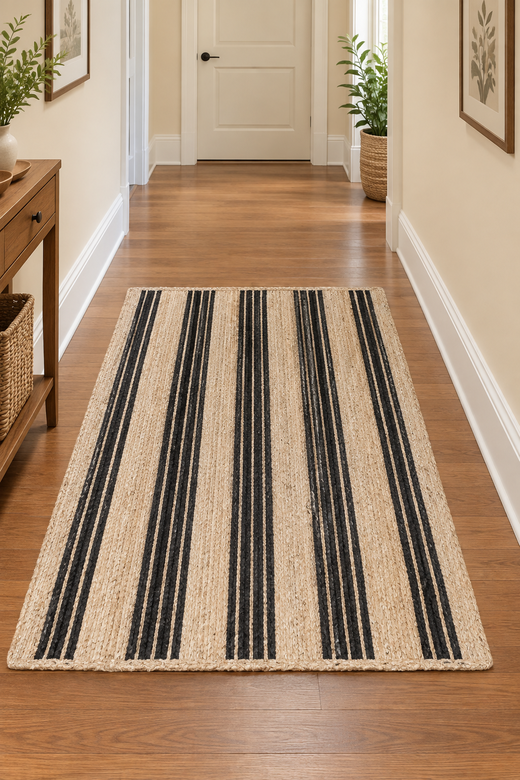 Rectangle Jute Area Rug Hand Woven Braided Sisal Rug Home Decor Farmhouse Carpet Rag Rug for Kitchen Living Room and Bedroom-Beige & Black Stripe (Copy)