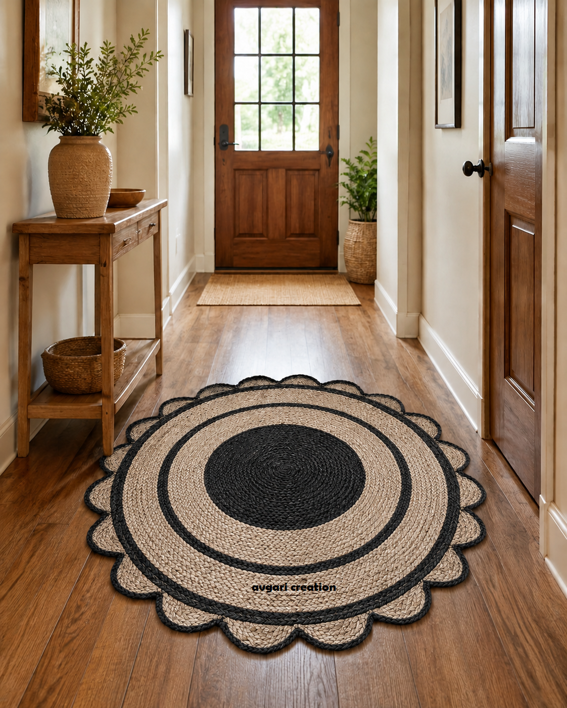 Round Shape Area Rug 100% Hand Braided Rustic Look Carpet for Home Decor Farmhouse Boho Scallop Rugs (Black Border)