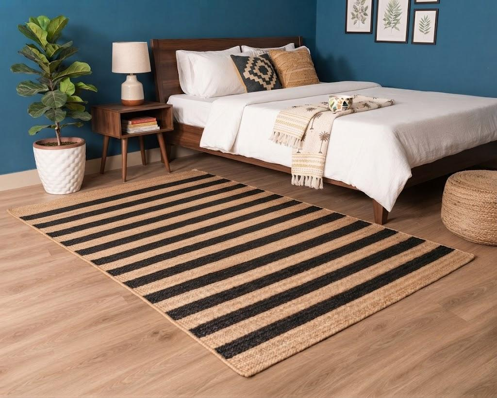 Natural Jute Area Rug Hand Woven Braided Sisal Rug Home Decor Farmhouse Carpet Rag Rug for Kitchen Living Room and Bedroom - Rectangle (Black & Beige)