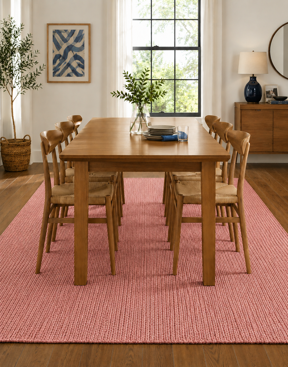 Natural Handwoven Jute Area Rug Natural Pink Dye Farmhouse Boho Rug for Living Room, Bedroom & Entryway Rustic Indoor Floor Mat
