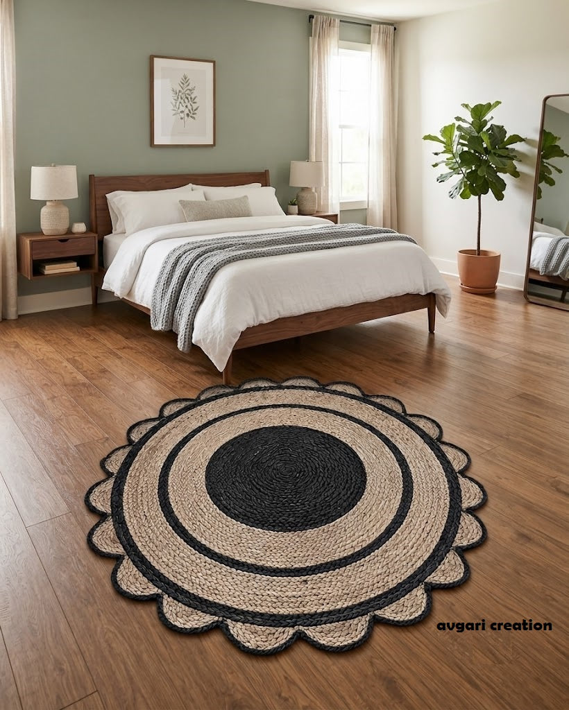 Round Shape Area Rug 100% Hand Braided Rustic Look Carpet for Home Decor Farmhouse Boho Scallop Rugs (Black Border)