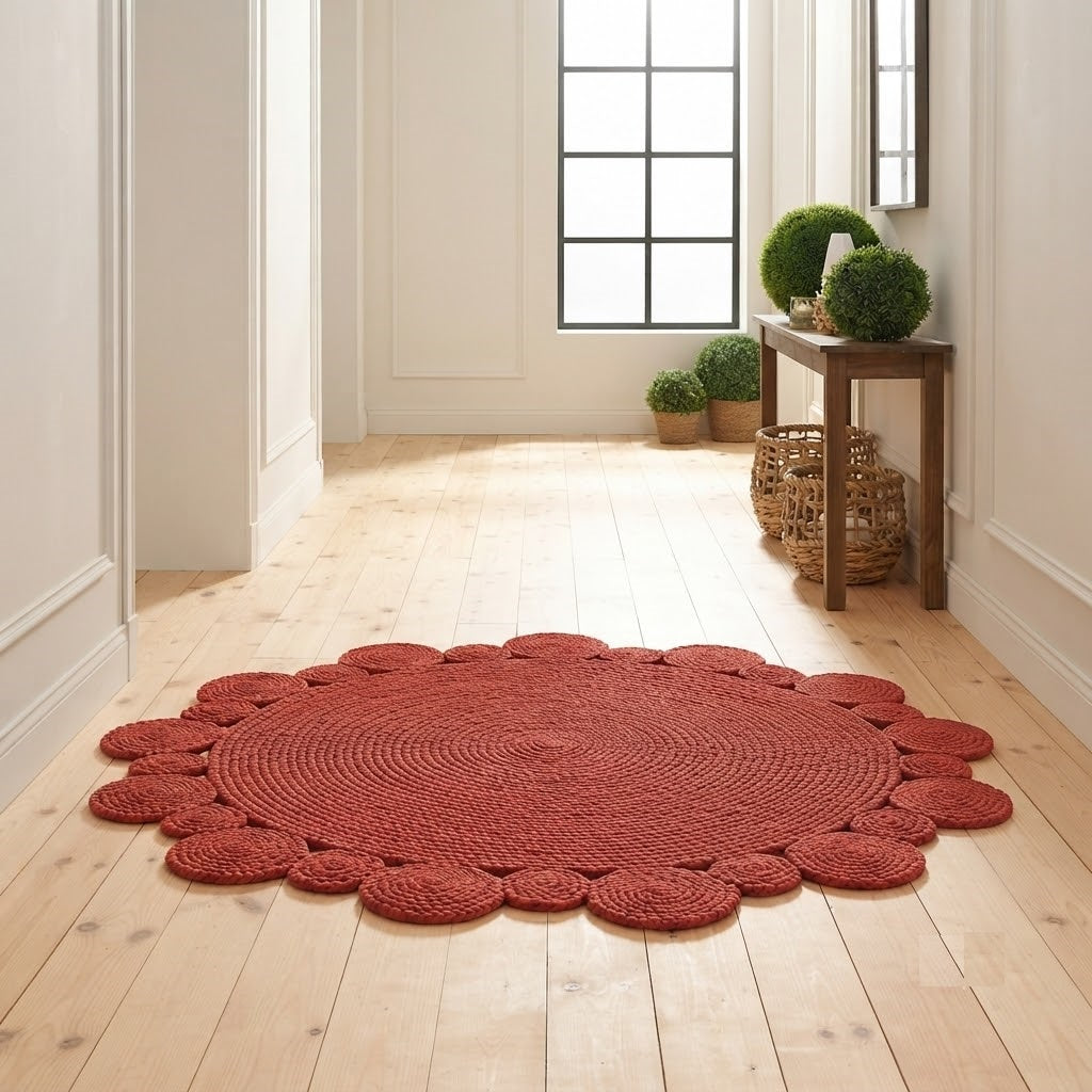 Round Shape Area Rug 100% Hand Braided Rustic Look Carpet for Home Decor Farmhouse Boho Scallop Rugs (Red)