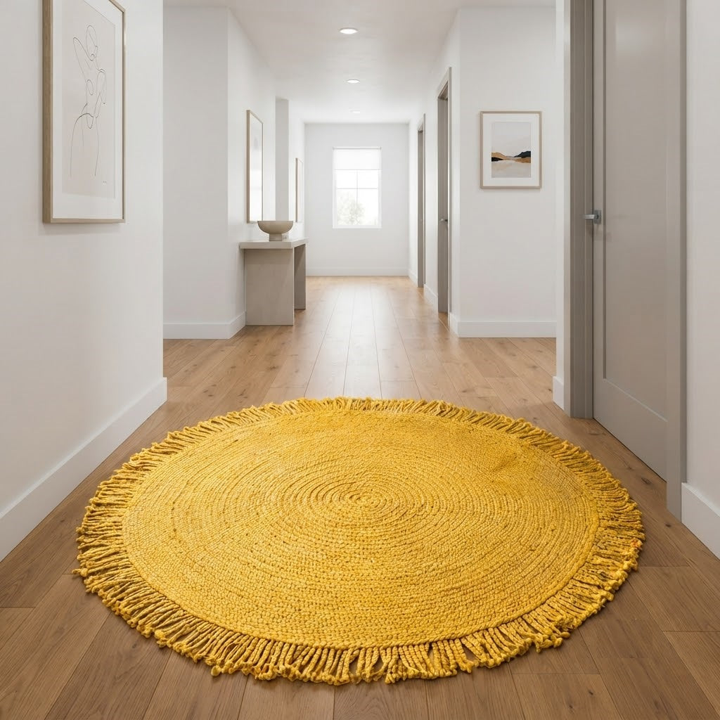 Round Shape Area Rug 100% Hand Braided Rustic Look Carpet for Home Decor Farmhouse Boho Rugs Mats With Fringes (Yellow)
