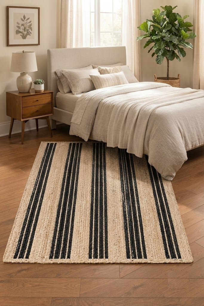 Rectangle Jute Area Rug Hand Woven Braided Sisal Rug Home Decor Farmhouse Carpet Rag Rug for Kitchen Living Room and Bedroom-Beige & Black Stripe (Copy)
