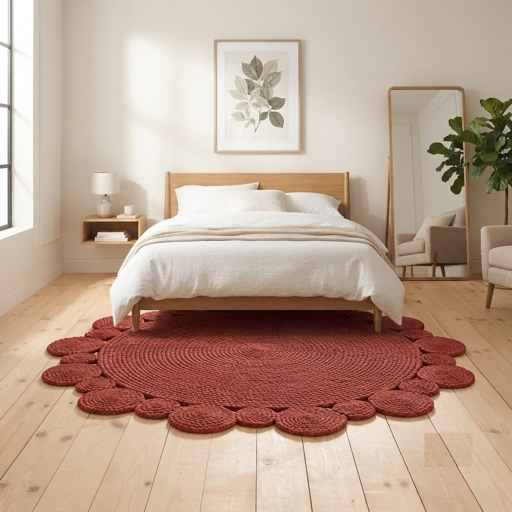 Round Shape Area Rug 100% Hand Braided Rustic Look Carpet for Home Decor Farmhouse Boho Scallop Rugs (Red)