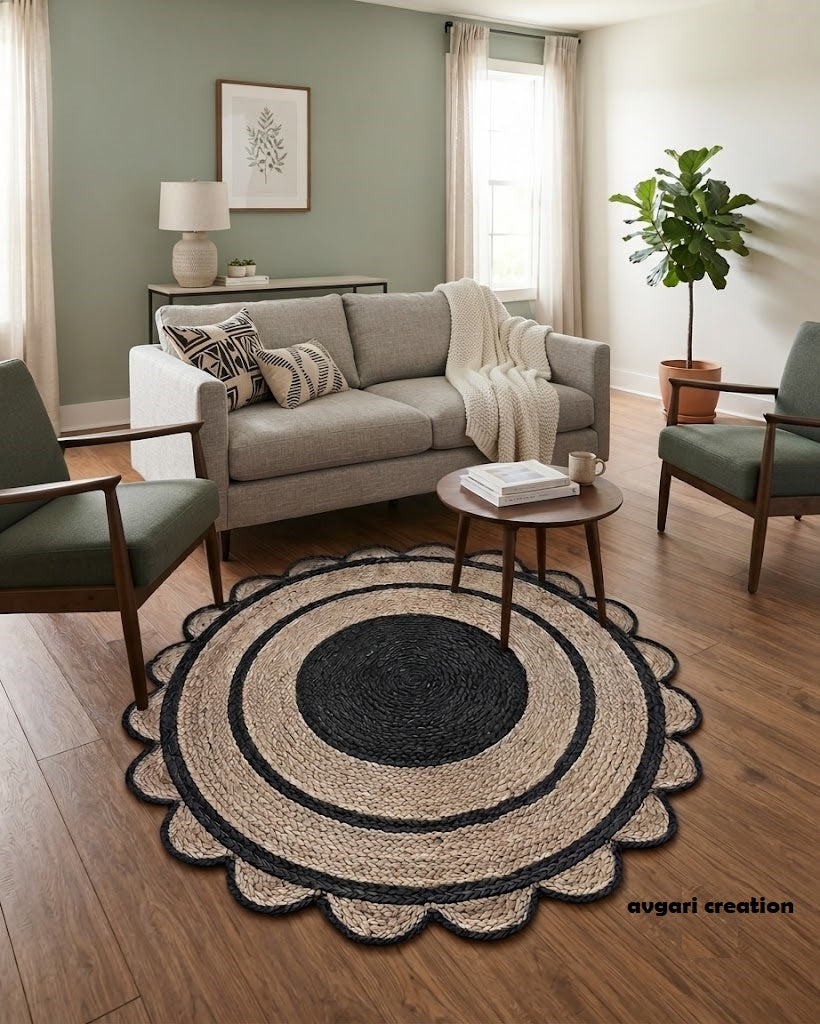 Round Shape Area Rug 100% Hand Braided Rustic Look Carpet for Home Decor Farmhouse Boho Scallop Rugs (Black Border)