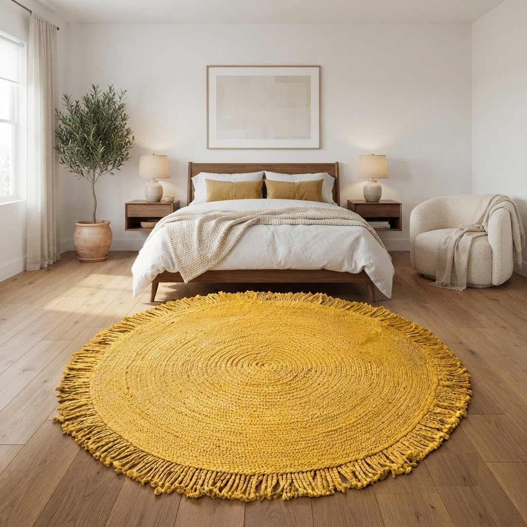 Round Shape Area Rug 100% Hand Braided Rustic Look Carpet for Home Decor Farmhouse Boho Rugs Mats With Fringes (Yellow)