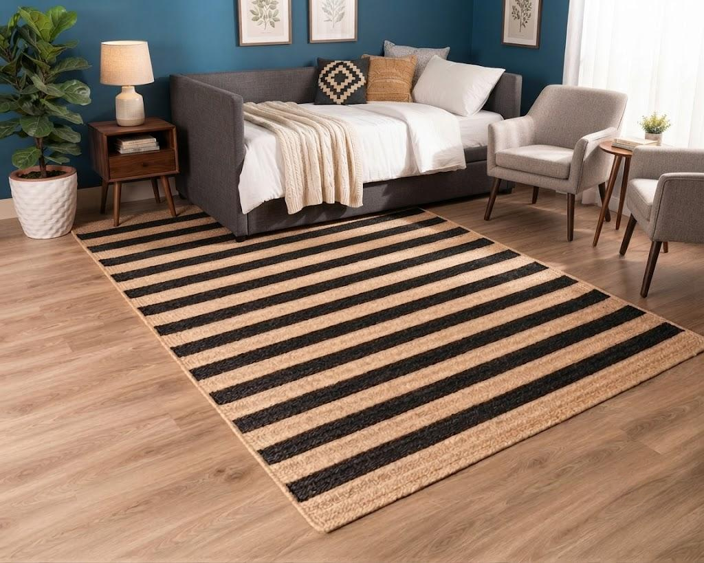 Natural Jute Area Rug Hand Woven Braided Sisal Rug Home Decor Farmhouse Carpet Rag Rug for Kitchen Living Room and Bedroom - Rectangle (Black & Beige)