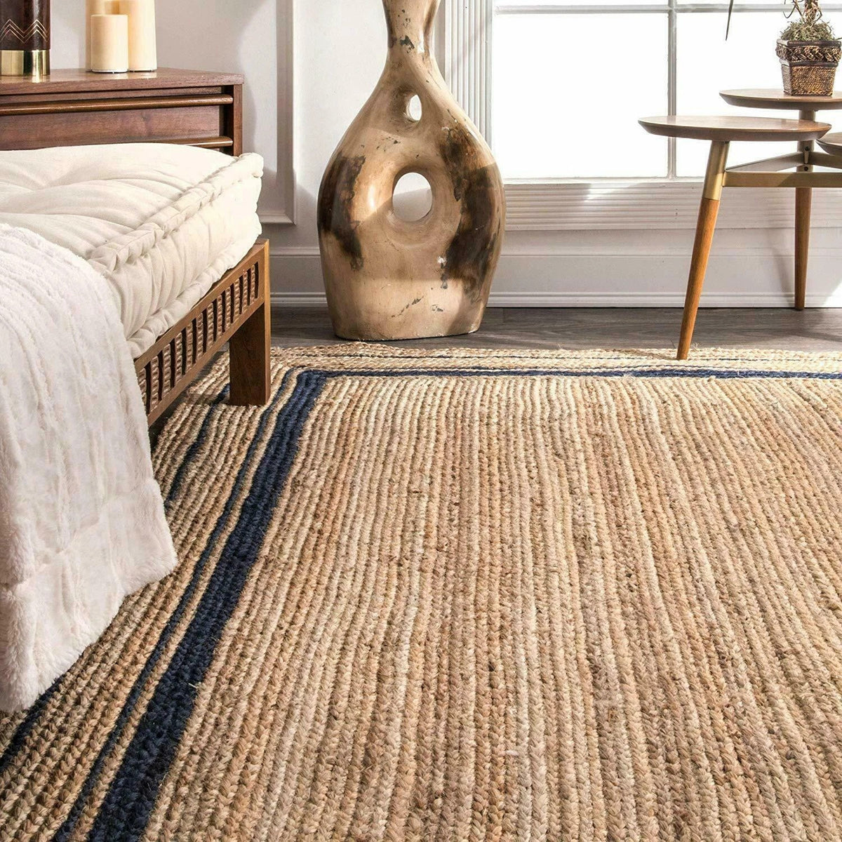 Rectangle Natural Jute Area Rug Hand Woven Braided Sisal Rug Home Decor Farmhouse Carpet Rag Rug for Kitchen Living Room and Bedroom (Black Border)
