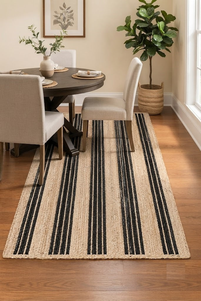 Rectangle Jute Area Rug Hand Woven Braided Sisal Rug Home Decor Farmhouse Carpet Rag Rug for Kitchen Living Room and Bedroom-Beige & Black Stripe (Copy)