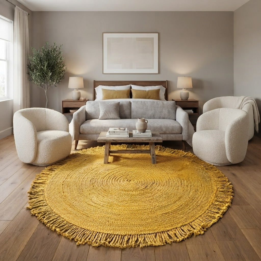 Round Shape Area Rug 100% Hand Braided Rustic Look Carpet for Home Decor Farmhouse Boho Rugs Mats With Fringes (Yellow)
