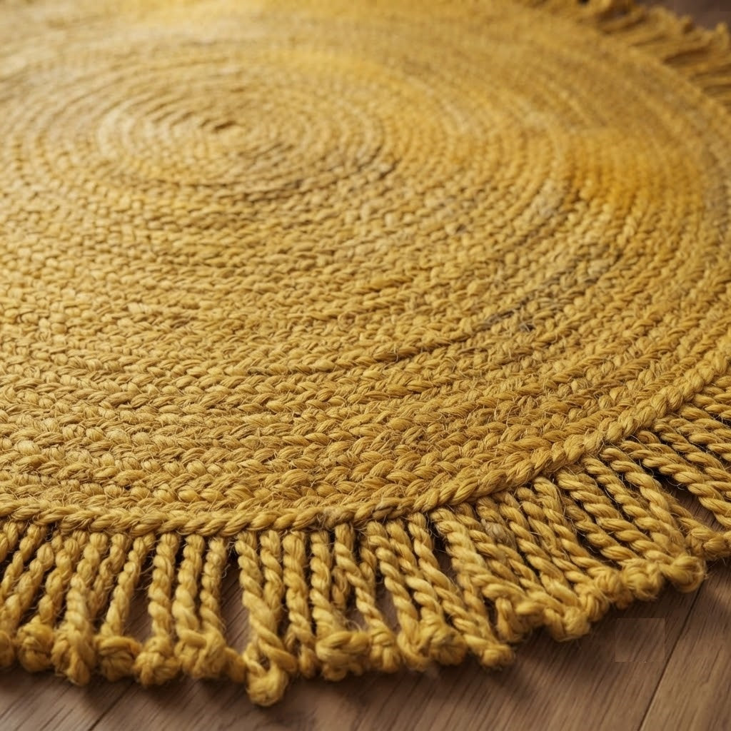 Round Shape Area Rug 100% Hand Braided Rustic Look Carpet for Home Decor Farmhouse Boho Rugs Mats With Fringes (Yellow)
