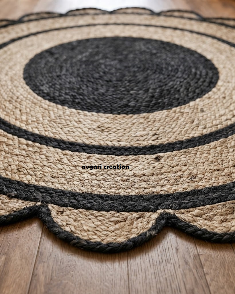 Round Shape Area Rug 100% Hand Braided Rustic Look Carpet for Home Decor Farmhouse Boho Scallop Rugs (Black Border)