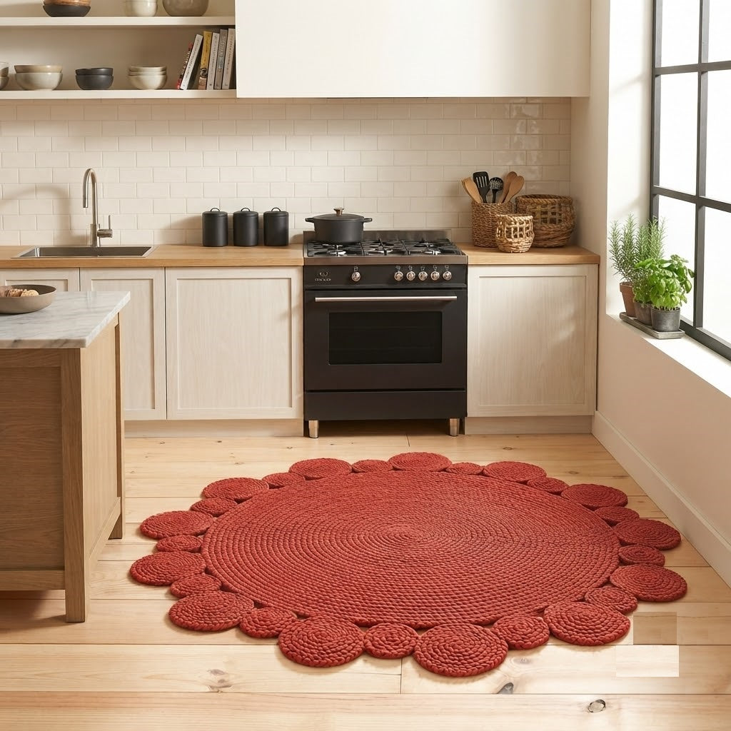 Round Shape Area Rug 100% Hand Braided Rustic Look Carpet for Home Decor Farmhouse Boho Scallop Rugs (Red)