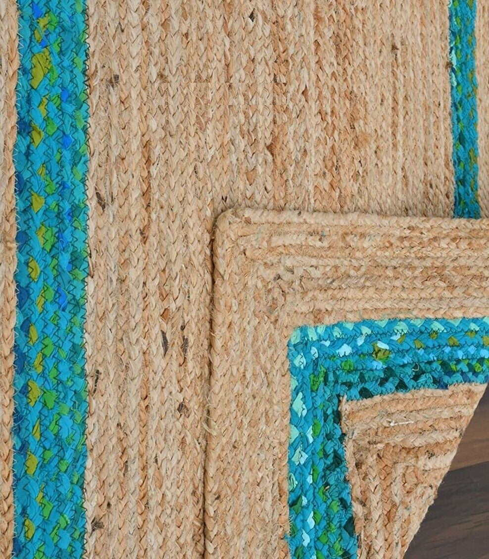 Rectangle Cotton Jute Area Rug Hand Woven Braided Rag Rug for Kitchen Living Room Guestroom Area Rug-Green & Beige