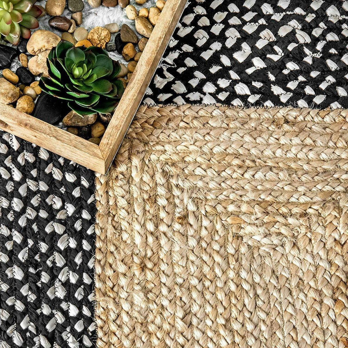 Rectangle Cotton Jute Area Rug Hand Woven Braided Rag Rug for Kitchen Living Room Guestroom Area Rug-Black White Beige