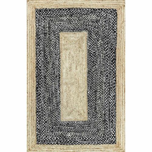 Rectangle Cotton Jute Area Rug Hand Woven Braided Rag Rug for Kitchen Living Room Guestroom Area Rug-Black White Beige
