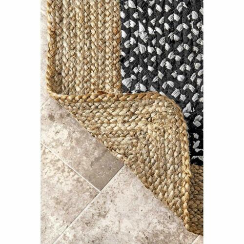 Rectangle Cotton Jute Area Rug Hand Woven Braided Rag Rug for Kitchen Living Room Guestroom Area Rug-Black White Beige
