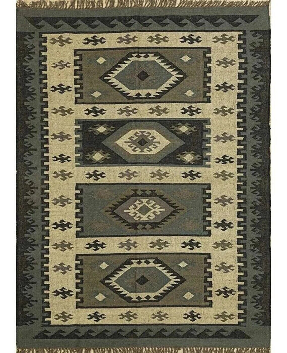 Kilim Wool Boho Jute Rug Durable Handmade Farmhouse Rectangle Mats Area Carpet Rustic Look
