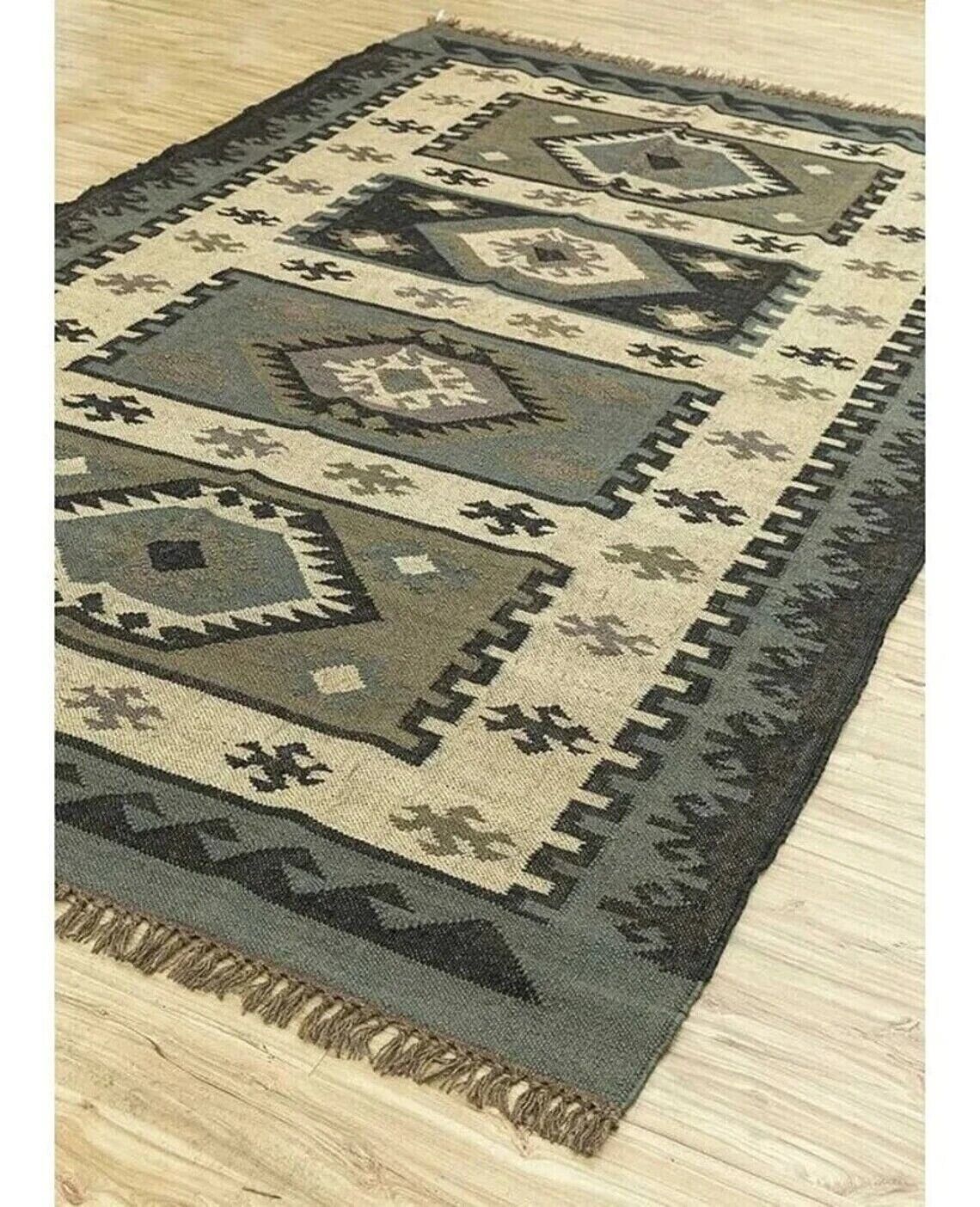 Kilim Wool Boho Jute Rug Durable Handmade Farmhouse Rectangle Mats Area Carpet Rustic Look
