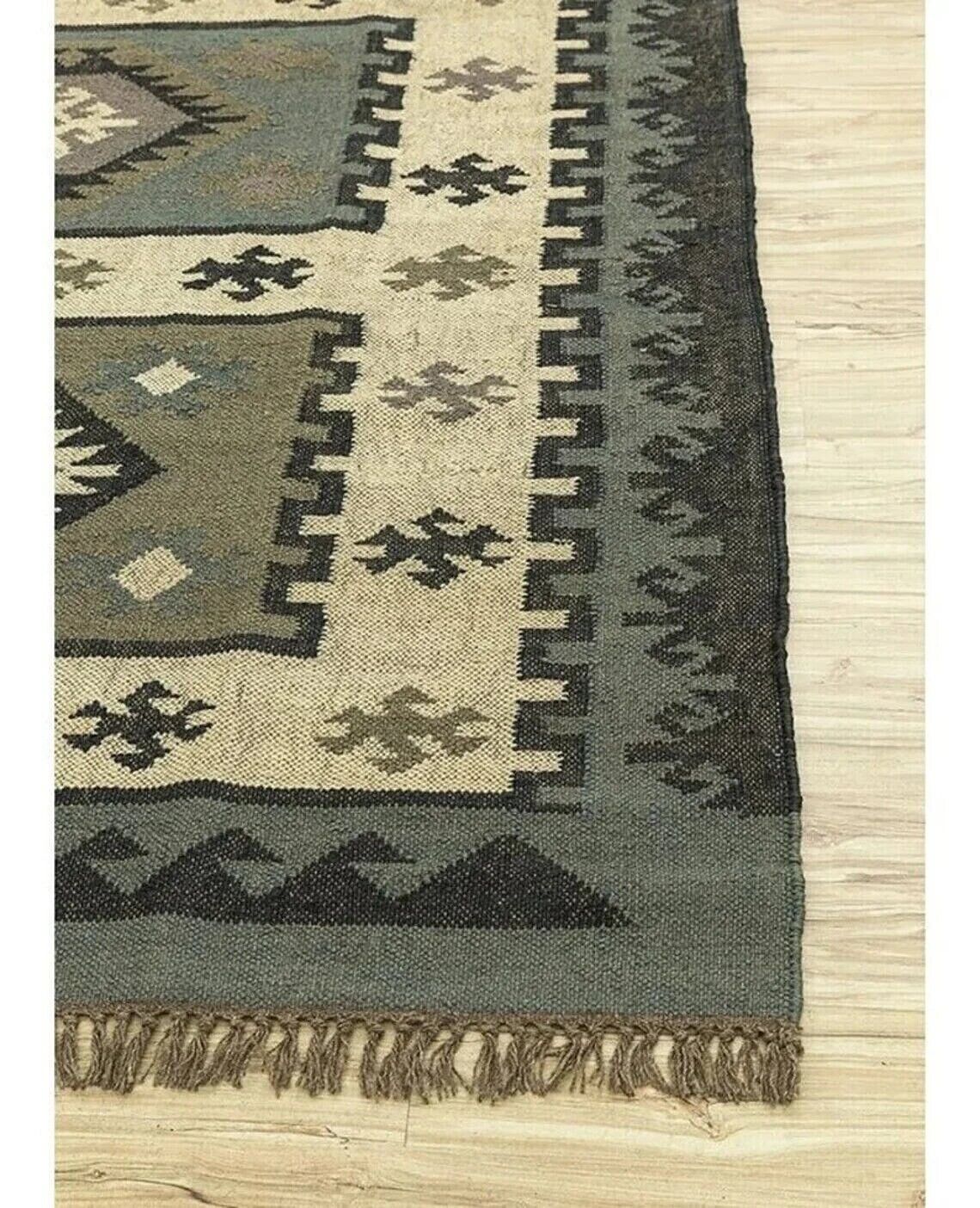 Kilim Wool Boho Jute Rug Durable Handmade Farmhouse Rectangle Mats Area Carpet Rustic Look
