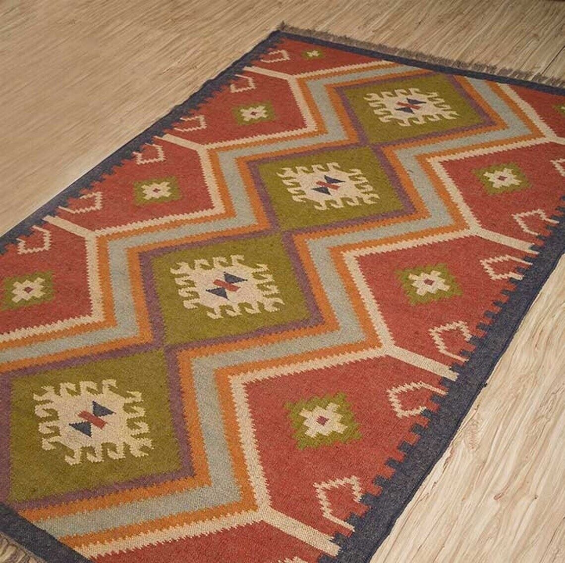 Farmhouse Rectangle Kilim Wool Boho Jute Rug Durable Handmade Mats Area Carpet Rustic Look