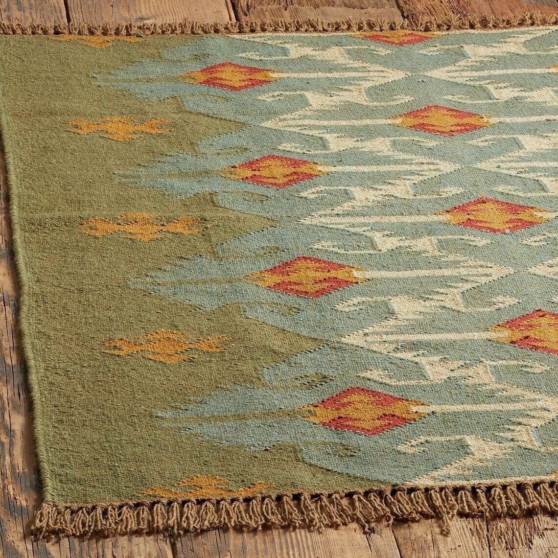 Durable Farmhouse Rectangle Kilim Wool Boho Jute Rug Handmade Mats Area Carpet Rustic Look