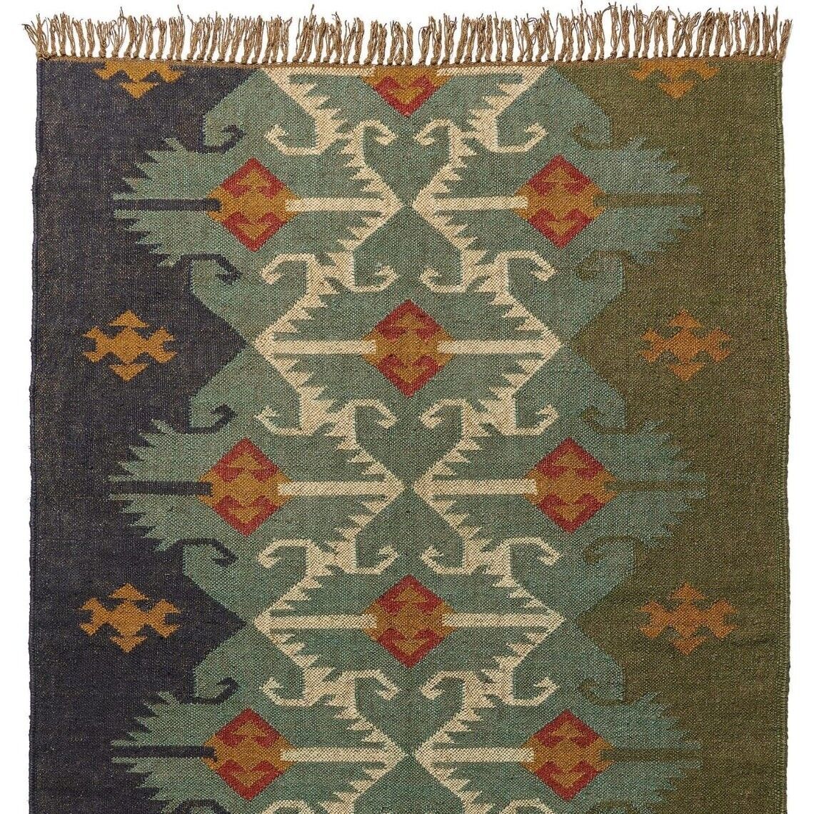 Durable Farmhouse Rectangle Kilim Wool Boho Jute Rug Handmade Mats Area Carpet Rustic Look