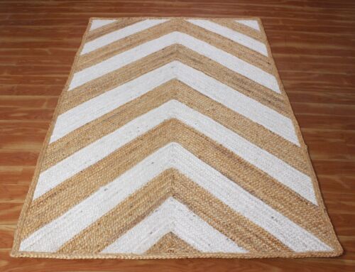 Rectangle Cotton Jute Area Rug Hand Woven Braided Rag Rug for Kitchen Living Room Guestroom Farmhouse Area Rug -White & Beige