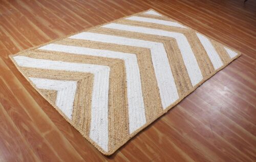 Rectangle Cotton Jute Area Rug Hand Woven Braided Rag Rug for Kitchen Living Room Guestroom Farmhouse Area Rug -White & Beige