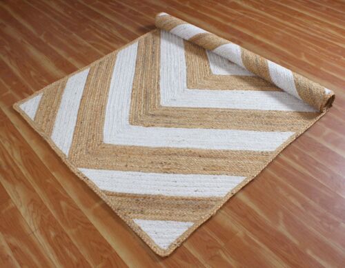 Rectangle Cotton Jute Area Rug Hand Woven Braided Rag Rug for Kitchen Living Room Guestroom Farmhouse Area Rug -White & Beige