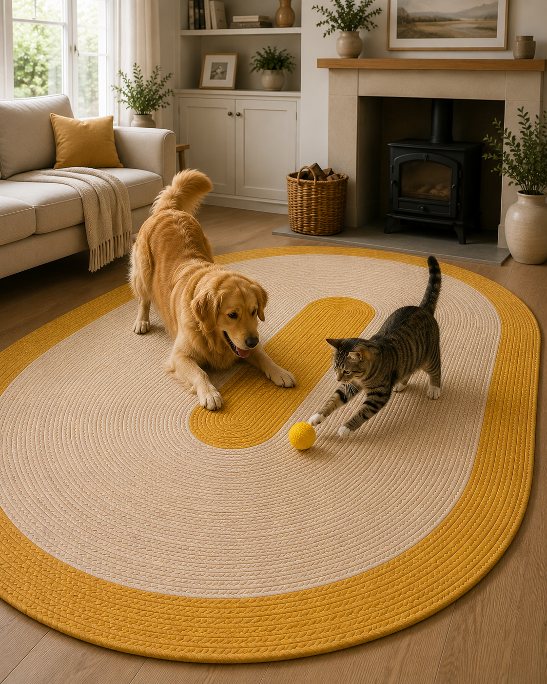 Natural Farmhouse Boho Oval Handwoven Jute Area Rug for Living Room, Bedroom & Entryway Rustic Indoor Floor Carpet (Yellow Border)